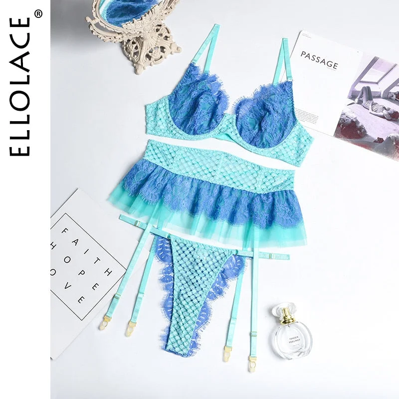 Ellolace 3-Piece Sets Luxury Kiss Lingerie Erotic Sexy Ruffled Delicate Underwear Lace Patchwork Underwire Bra Garters Intimate