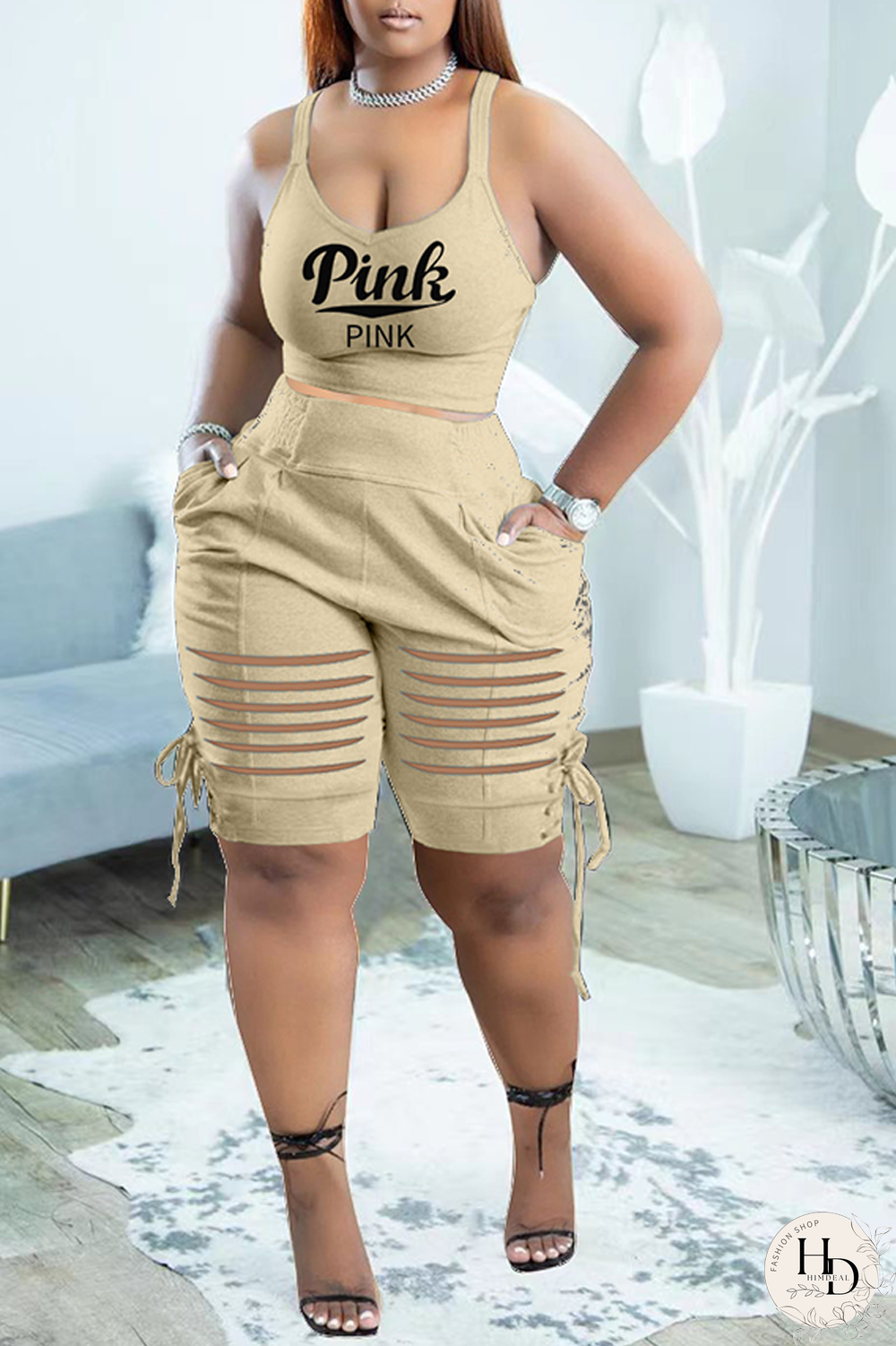 Khaki Fashion Print Hollowed Out U Neck Sleeveless Two Pieces