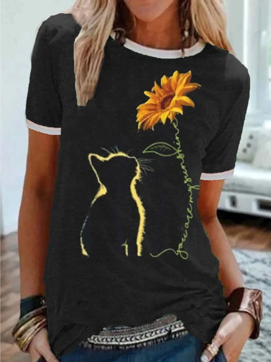 Sunflower Cat Print Short Sleeve T-shirt