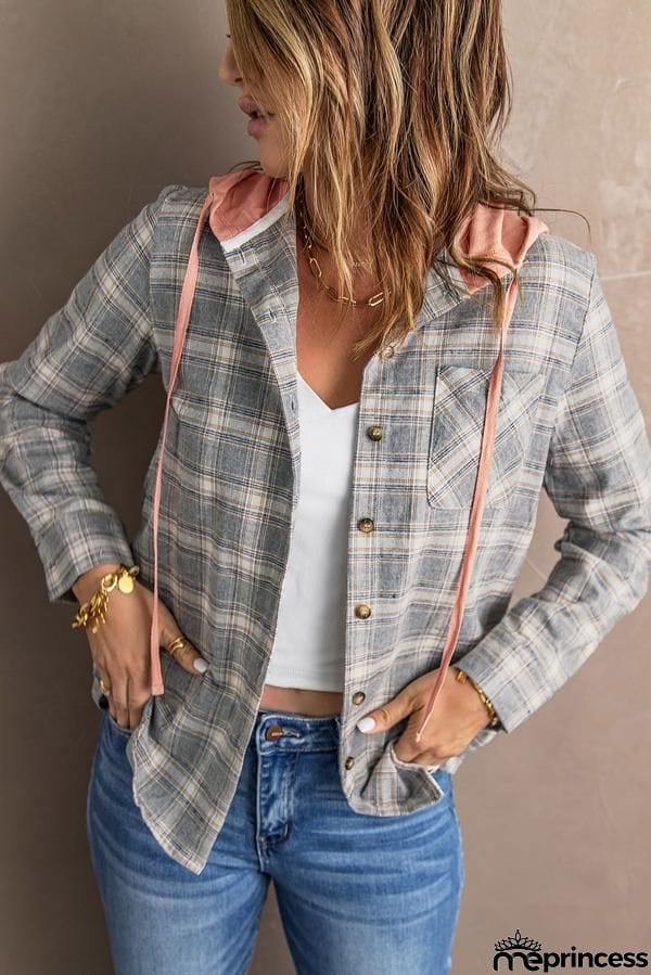 Drawstring Plaid Hooded Shirt Coat