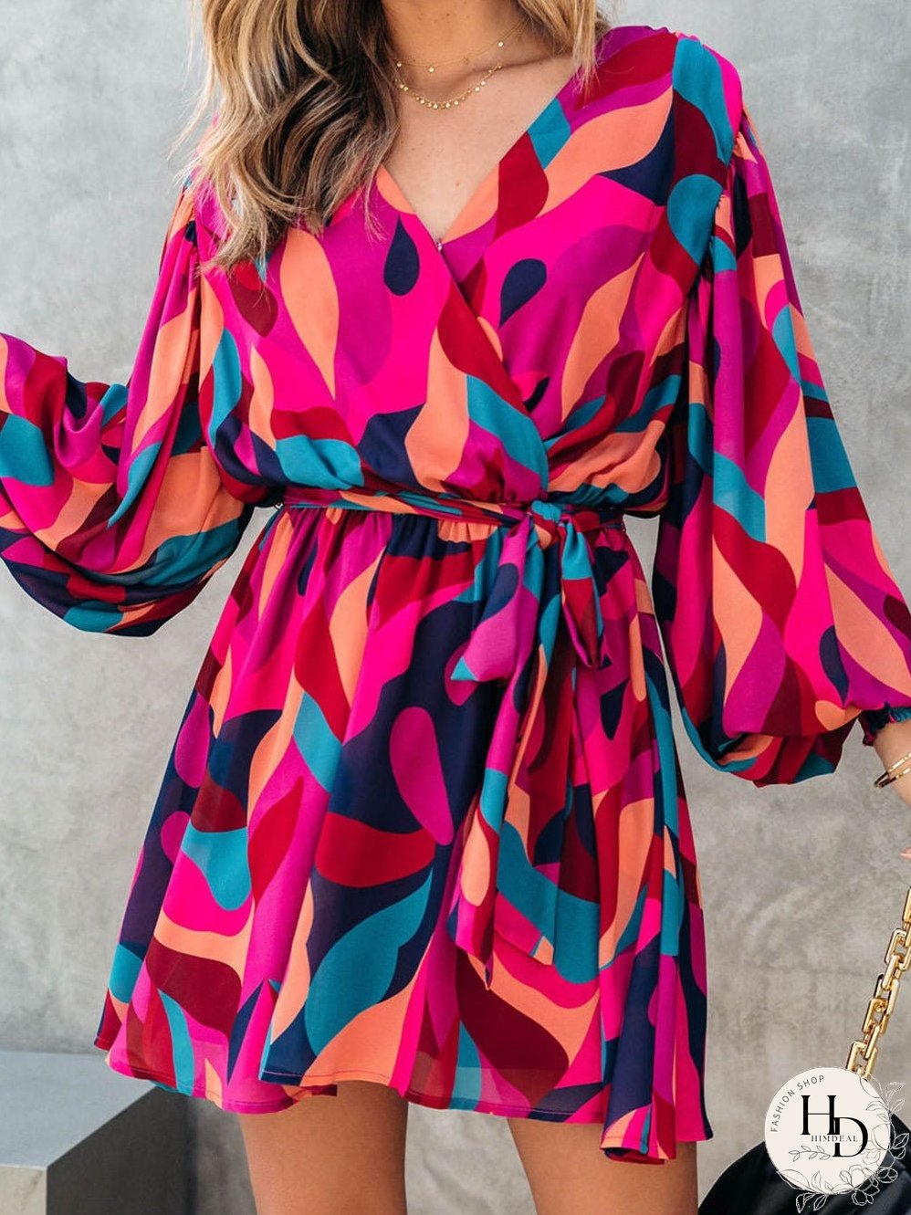 Lapel Print Lace-Up Long Sleeve Dress