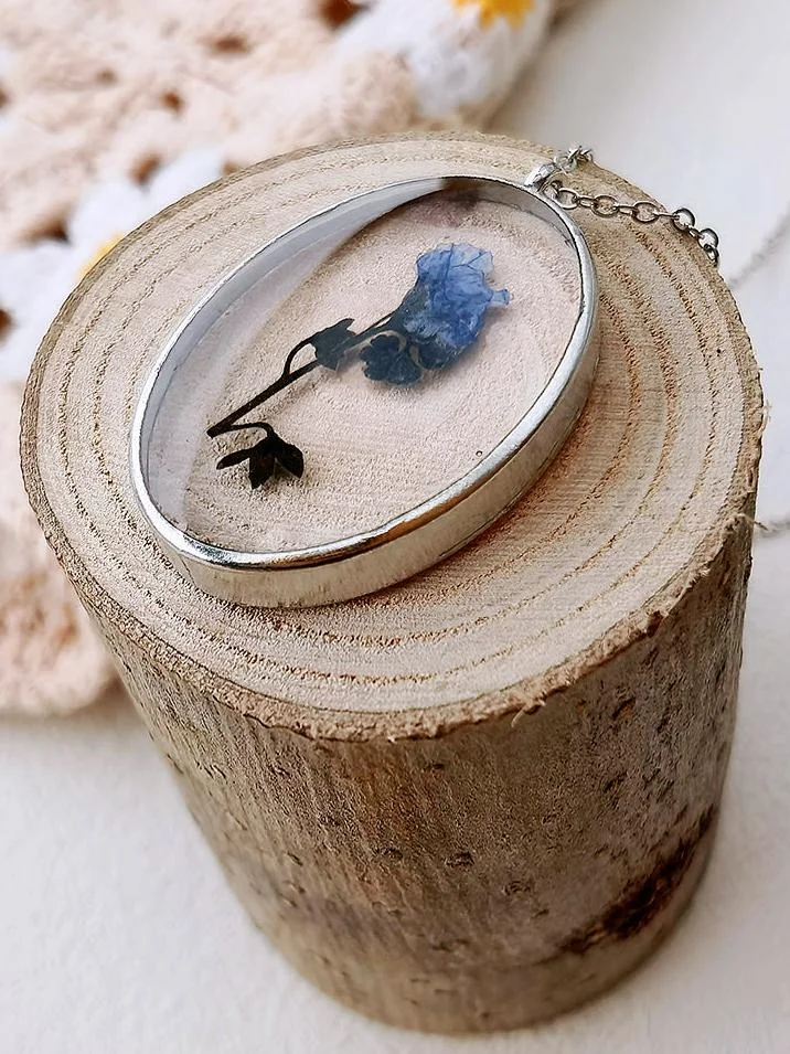 Pressed Flower Necklace -  Forget Me Not Flower Oval
