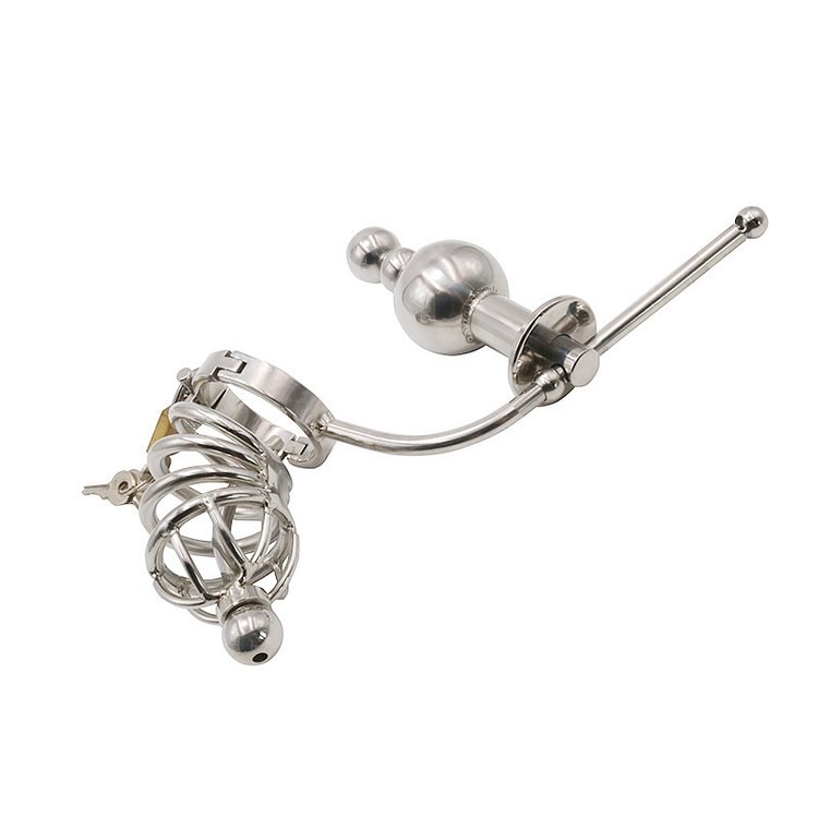 Stainless Steel Chastity Cock Cage With Urethral Insert & Anal Plug 