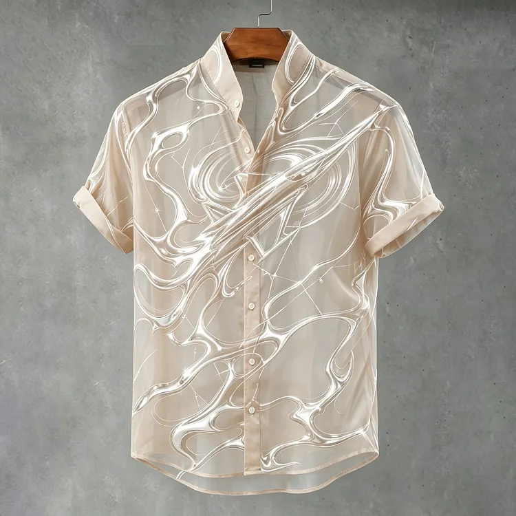 Men's Metallic Liquid Chrome Fluid Art Print Short Sleeve Shirt