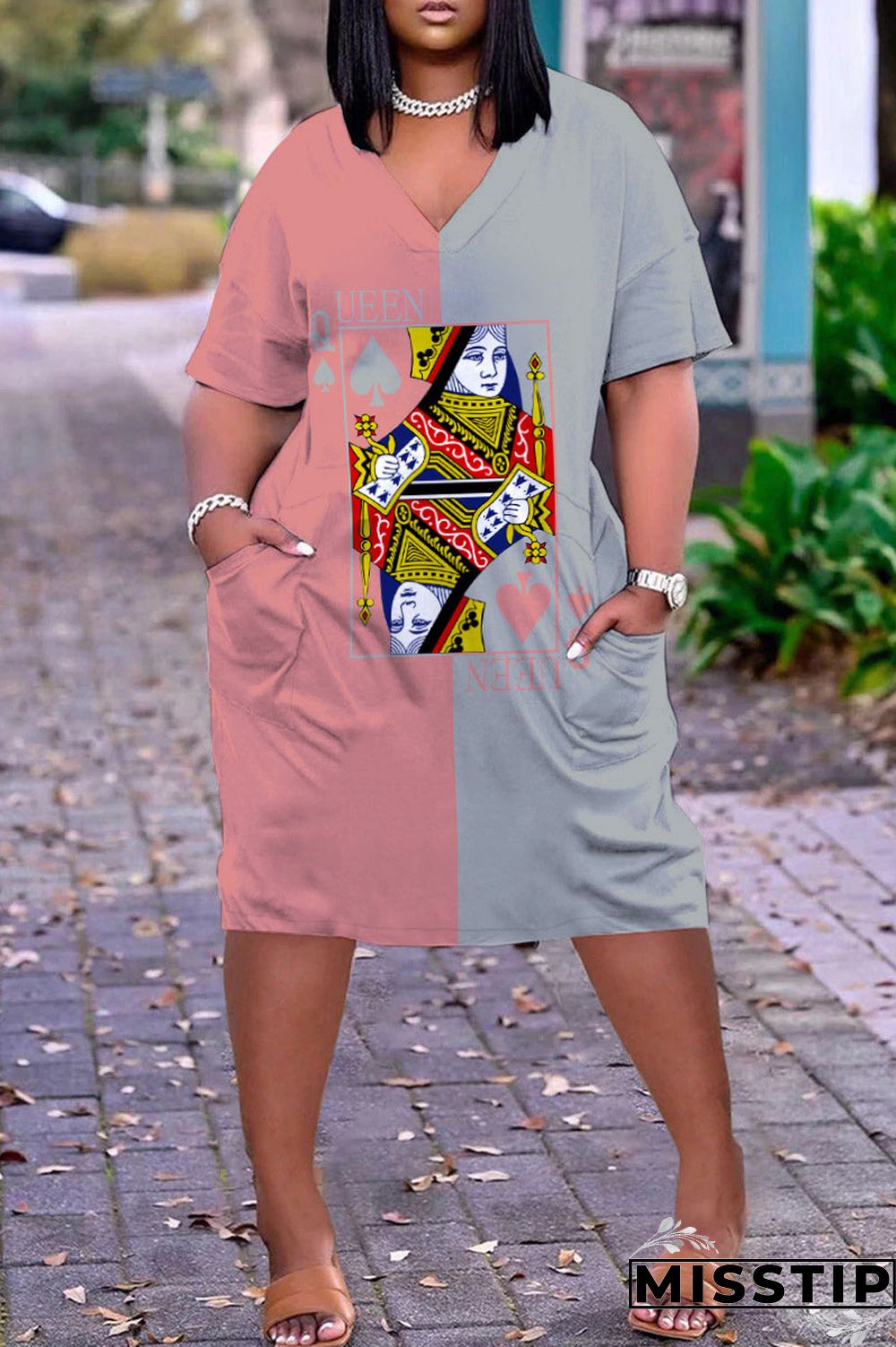 Colour Casual Street Print Patchwork V Neck Straight Dresses