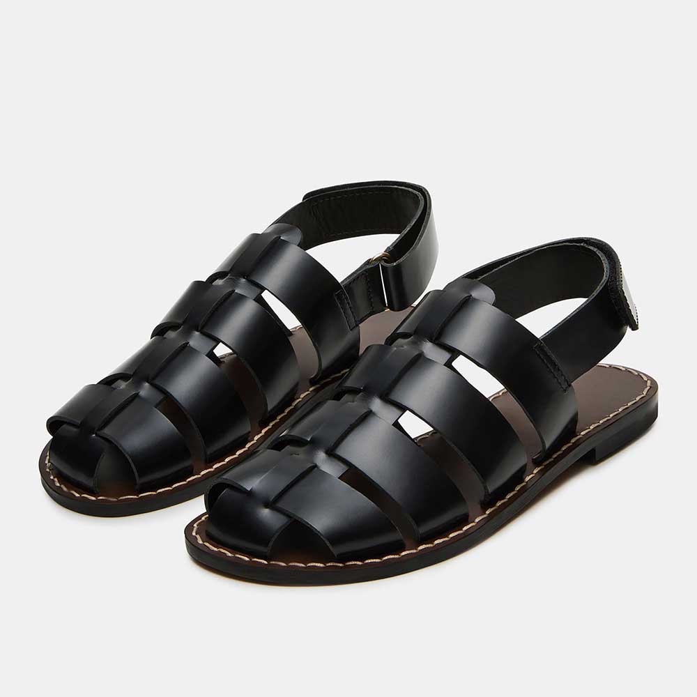 Black Vegan Leather Round Toe  Flat Comfy Lady's Cage Sandals Nicepairs