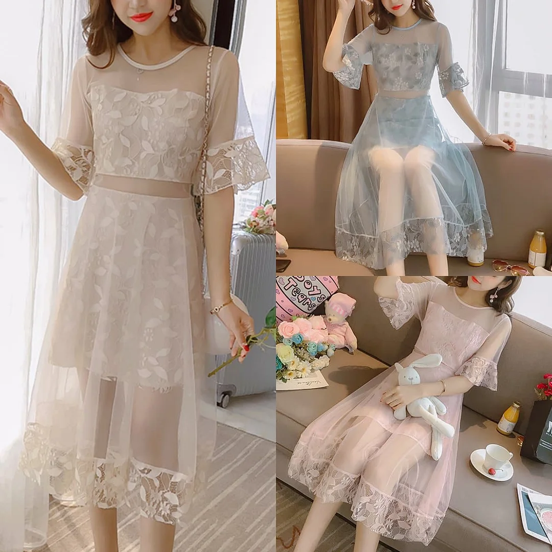 Beige/Light Blue/Pink Sweet Lace Flower Tulle Dress SP1812527
