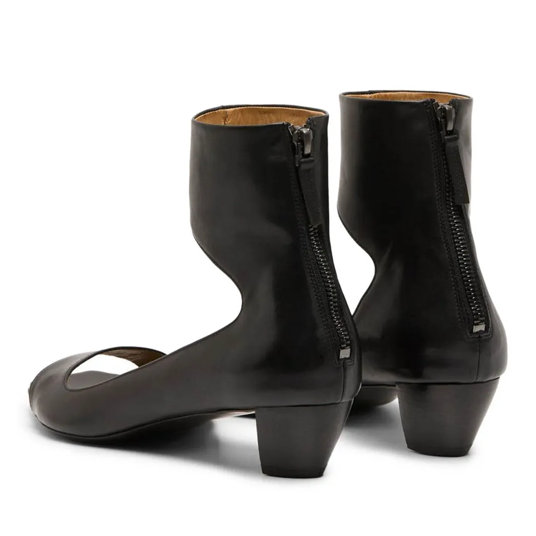 Black Vegan Leather Chunky Heel Zipper Open Toe Sandals for Women