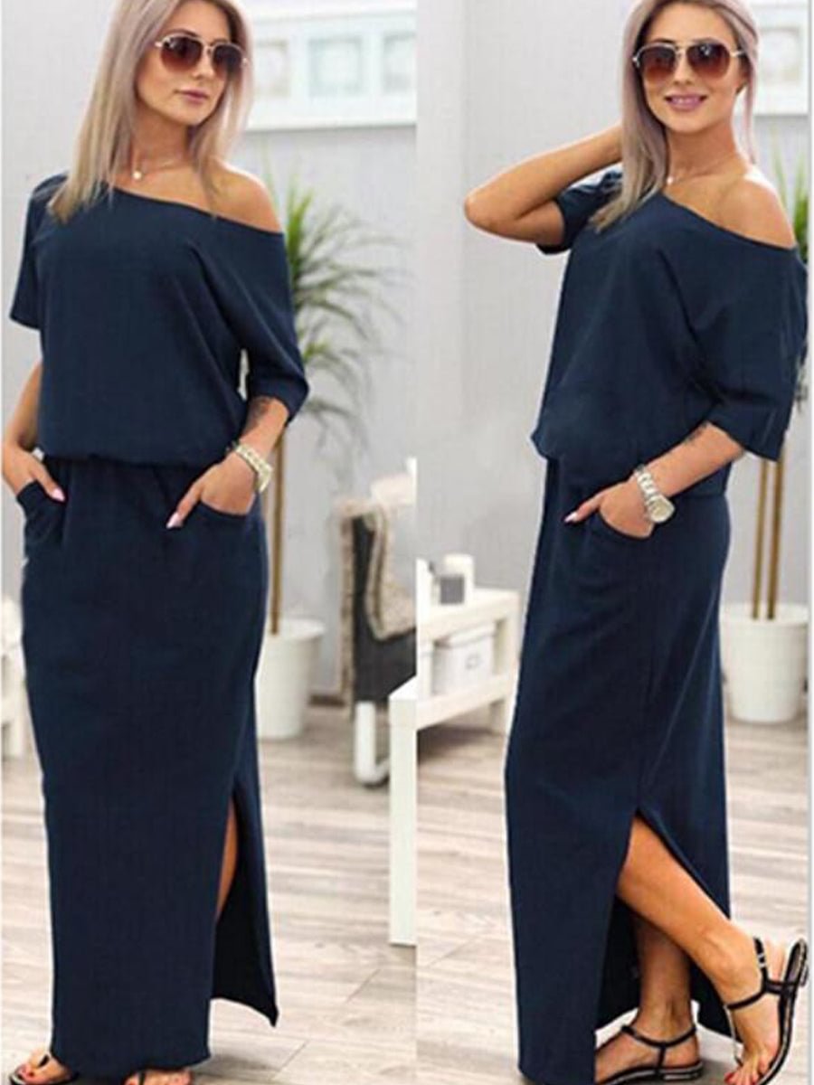 Short-Sleeve Side Slit Loose Maxi Dress