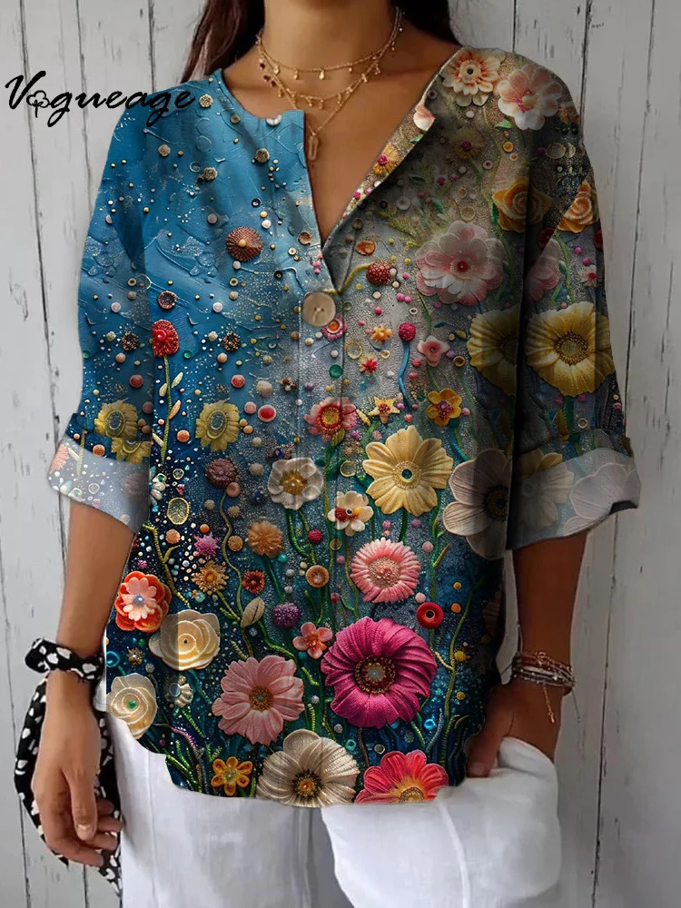 Bright And Gorgeous Oil Painting Flowers Printed Cotton And Linen Shirt