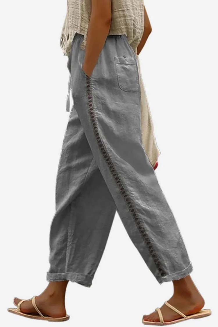Patchwork Drawstring Pocket Straight Leg Linen Casual Pants