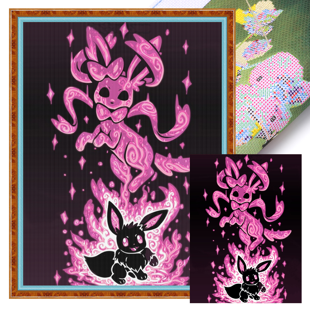 Pink Silhouette Pokémon Full 11CT Pre-stamped Canvas(40*53cm) Cross Stitch