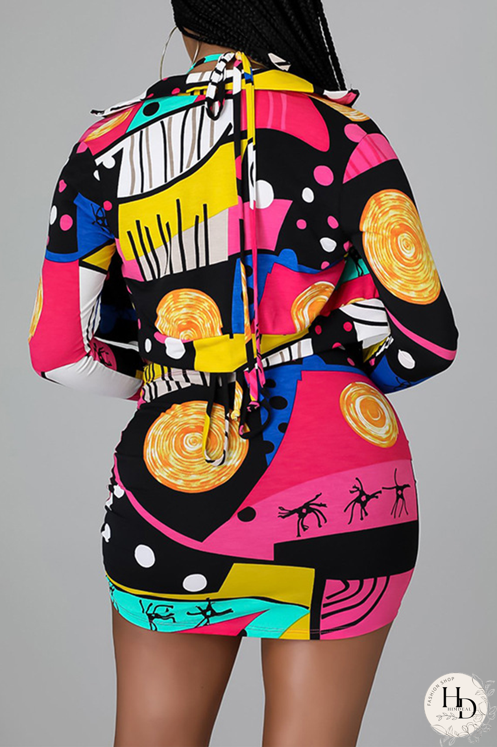 Pink Sexy Print Split Joint Halter Long Sleeve Two Pieces