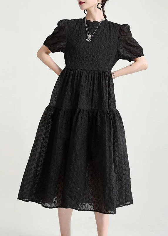 Italian Black Puff Sleeve Patchwork Summer Dress Short Sleeve