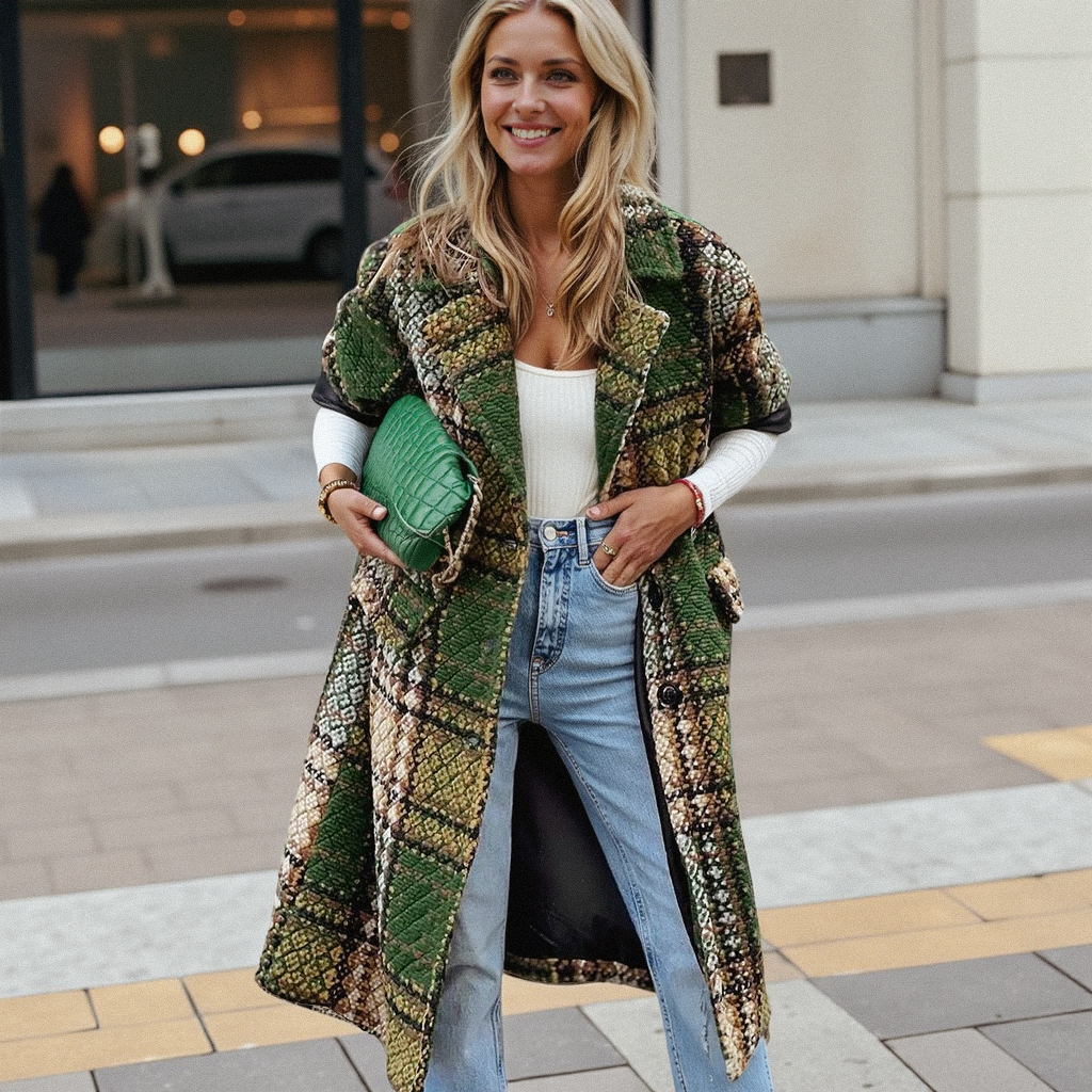 Women's Long Sleeve Lapel Coat Printed Woolen Long Coat