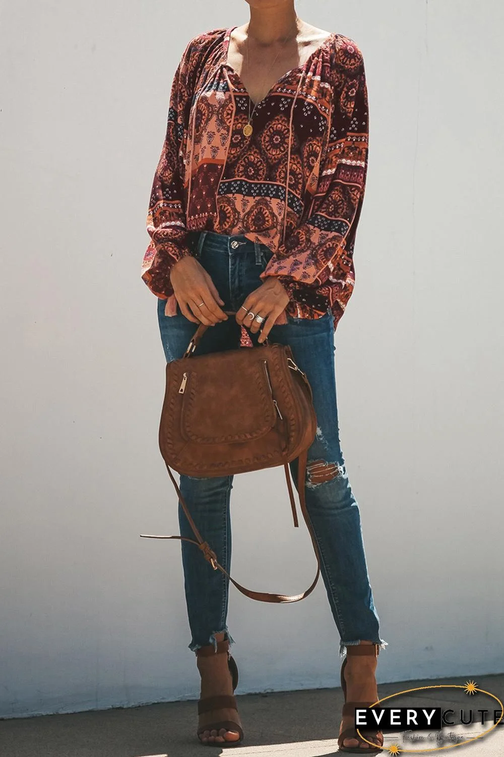 Red Floral Print Peasant Blouse