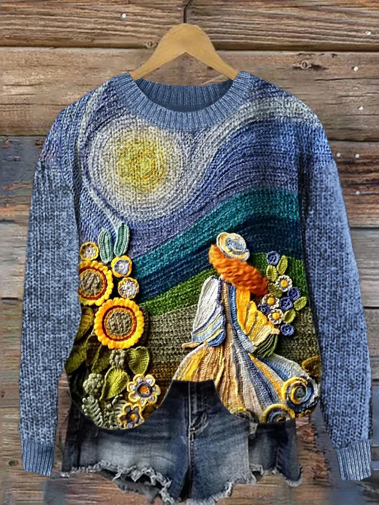 Cottage Girl in Flower Field Crochet Art Cozy Knit Sweater
