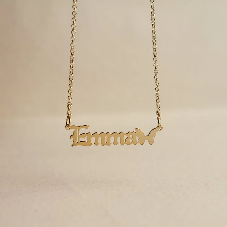 Personalized Butterfly Name Necklace Custom Name Old English Necklace for Her