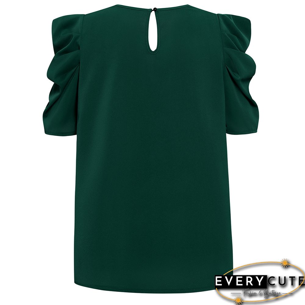 Green Twist Keyhole Puff Short Sleeve Tops
