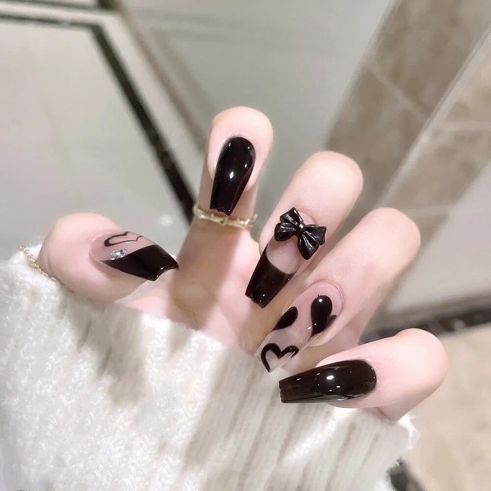 Agreedl Black Press On Nails Cute Black Bow Design Fake Nails Full Coverage Nail Free Shipping Nails Set Press On With Glue