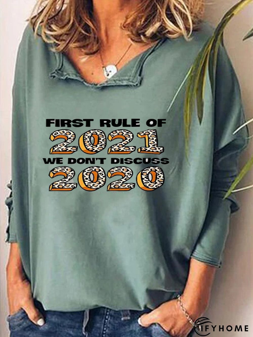 Green Casual Letter Printed Long Sleeve Shift Top | IFYHOME