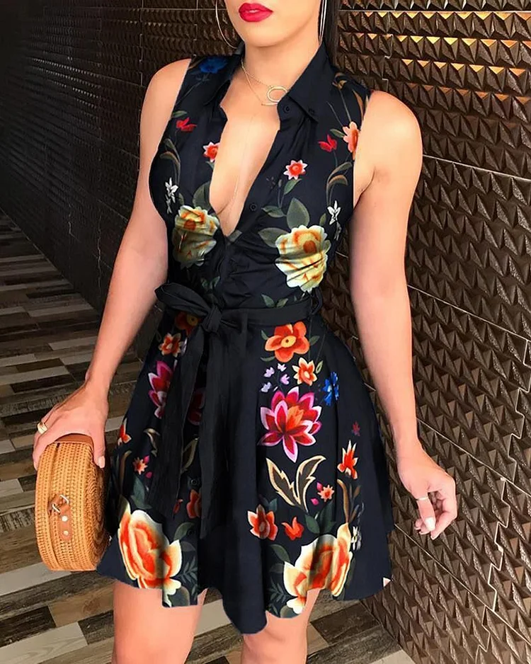 Trendy Sleeveless V Neck Sexy Printed Mini Dress