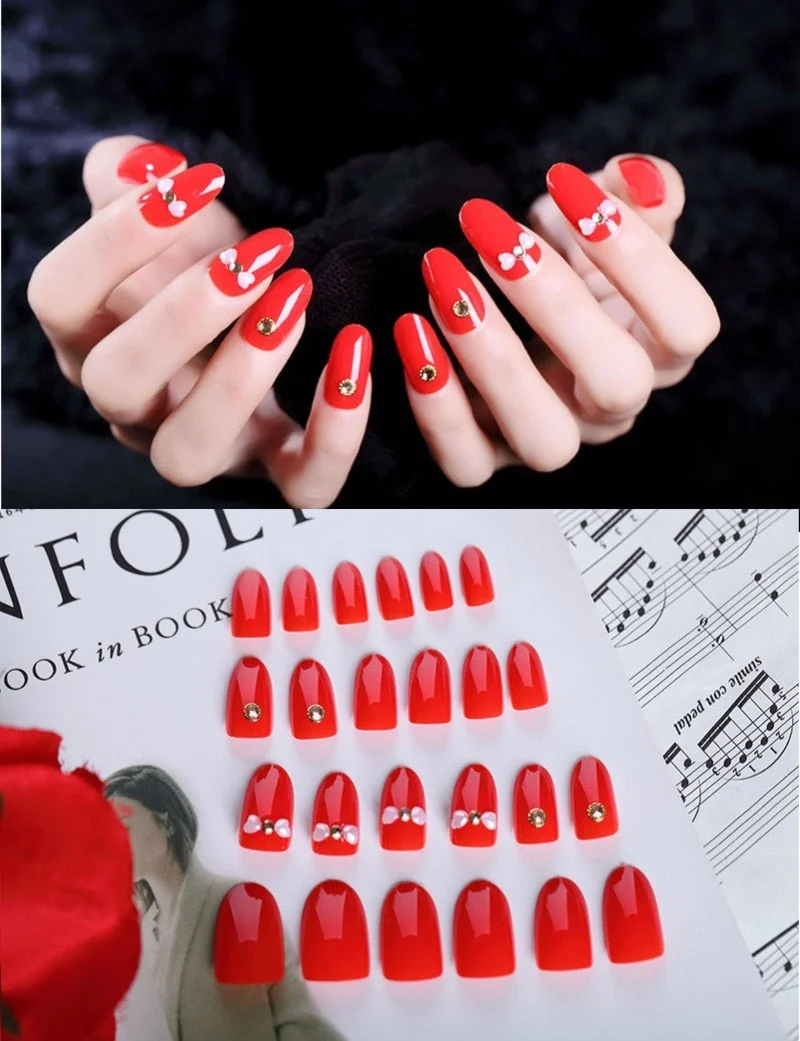 24Pcs/Set Fake Nails Press on Girls Finger Beauty False Nail Art Tips Bright Shining 3D Diamond Full Cover French Nail Art Tips-Nail Inspo