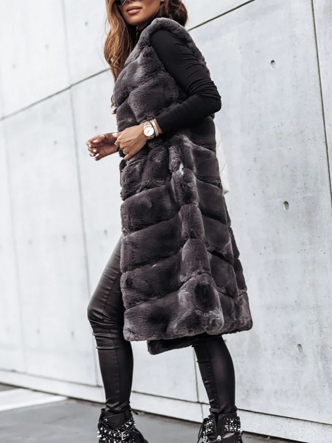 Solid Casual Furry Sleeveless Outerwear