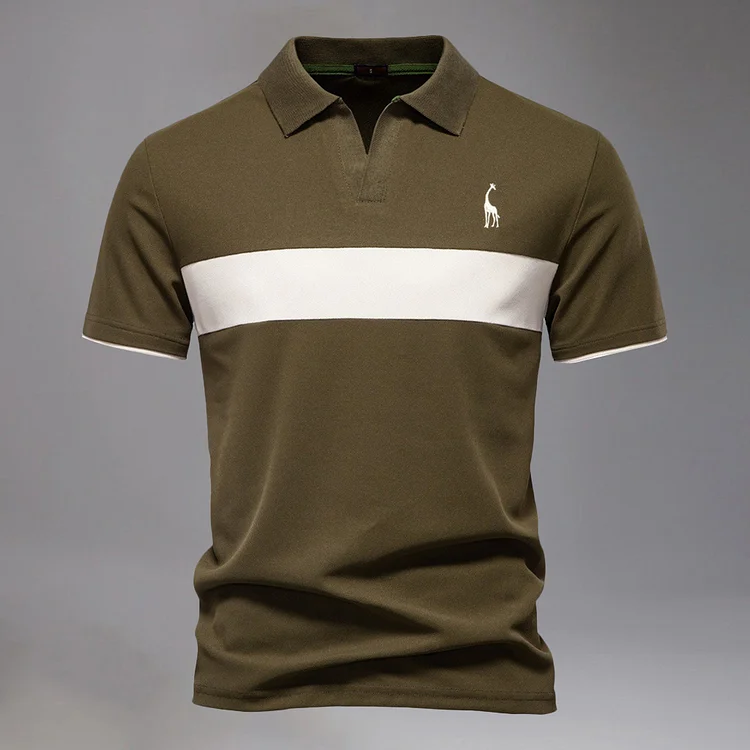 Fashion Giraffe Embroidery Colorblock Short Sleeve Polo Shirt 
