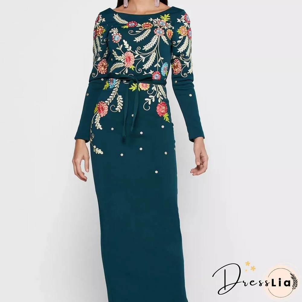 Embroidery Women Long Sleeve Round Neck Dress