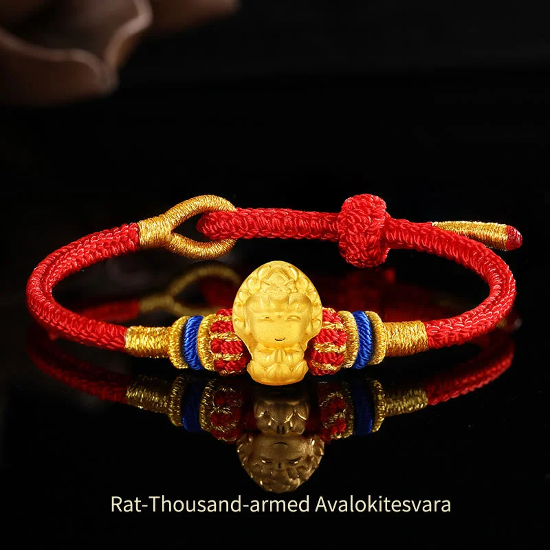 999 Gold Chinese Zodiac Natal Buddha Protection Handcrafted Red Rope Bracelet