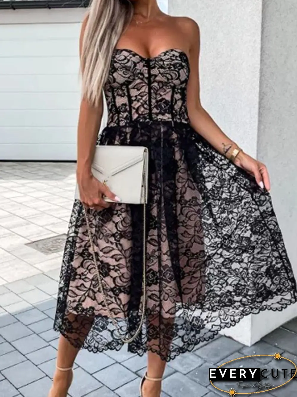 Elegant floral embroidery lace solid long dress women sexy off shoulder strapless waist