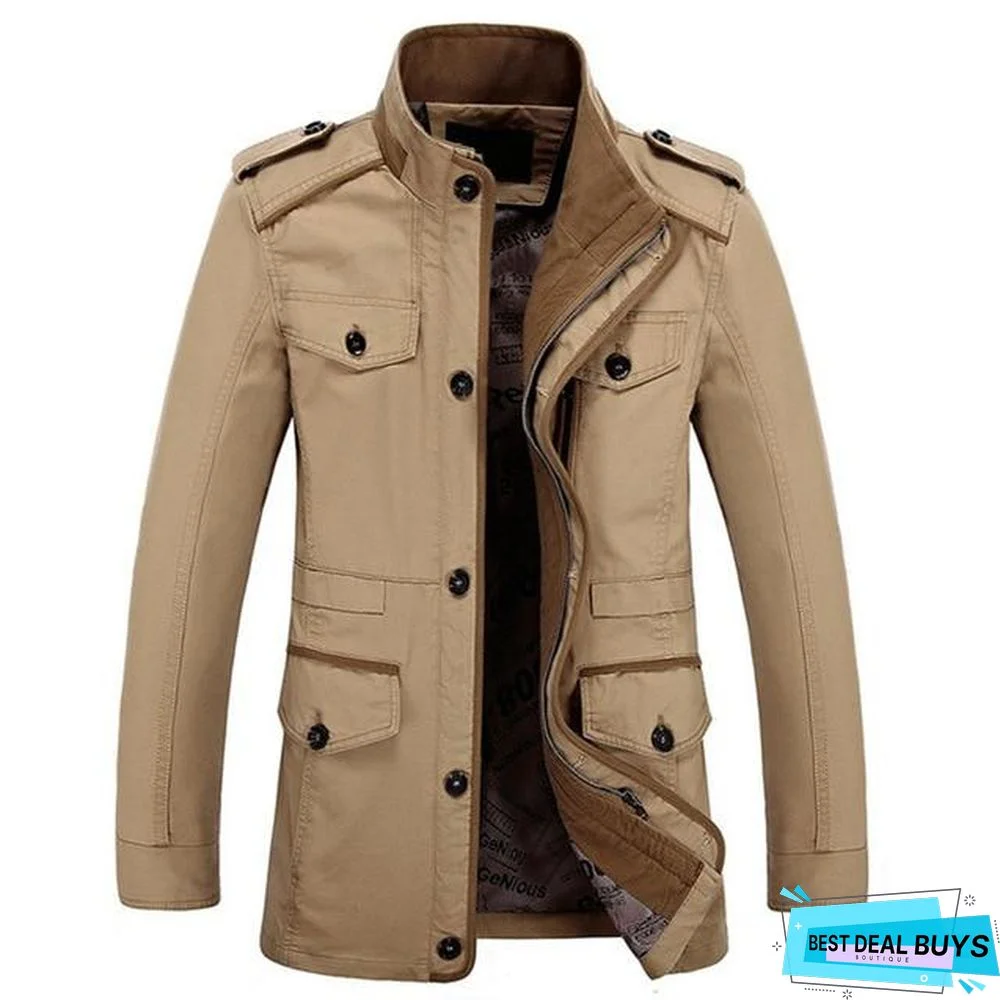 Mens Fashion Brand Casual Jacket Stand Collar Fat Slim Washed Cotton Long Jacket Coat Outwear