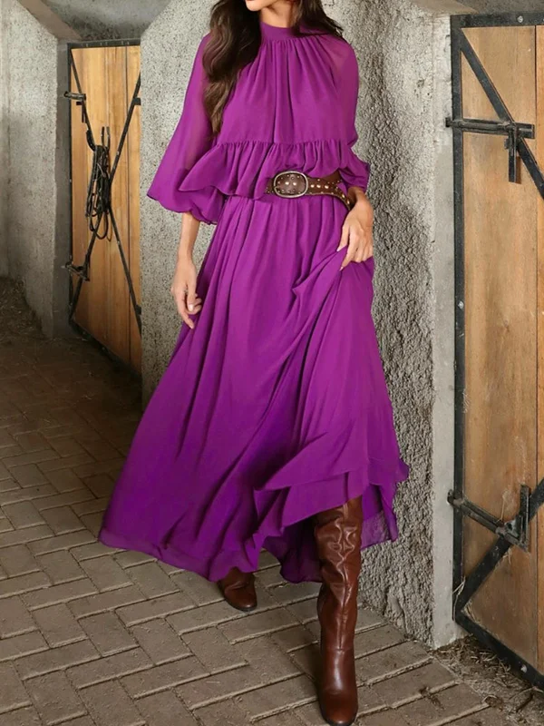Split-Joint Solid Color Pleated Loose Flared Sleeves Round-Neck Maxi Dresses