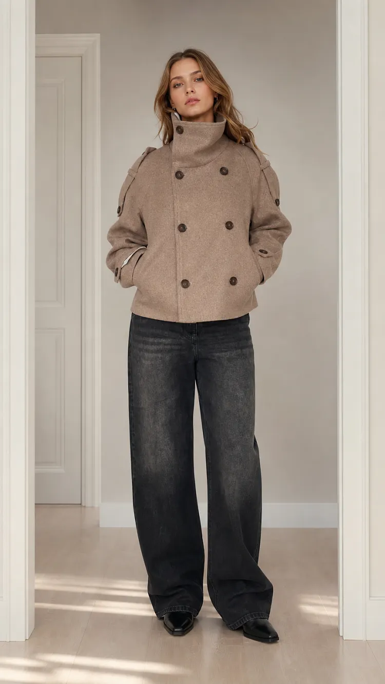 Women's Double Breasted Stand Collar Short Wool Blend Peacoat Jacket
