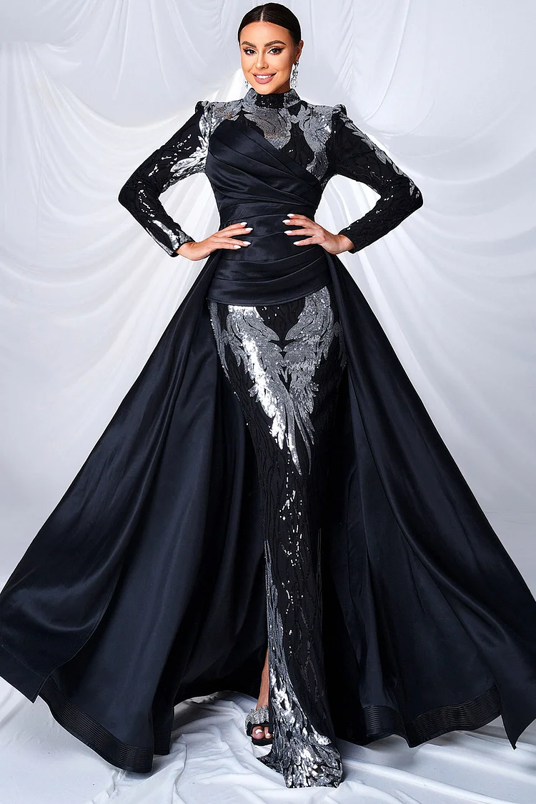 Mock Neck Sequin Pleated Satin Overskirt Mermaid Maxi Dress-Black