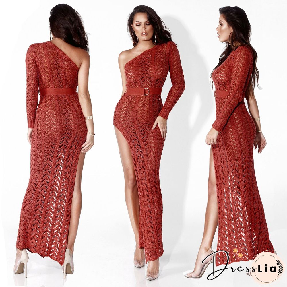 Women Sexy One Shoulder Long Sleeve Hollow Out Knitted High Slit Bodycon Maxi Club Party Beach Dress