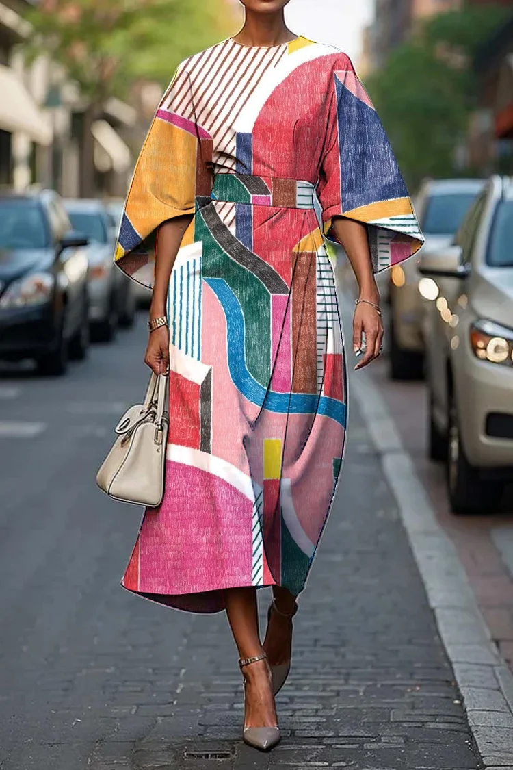 Women's Elegant Abstract Art Print Midi Dress