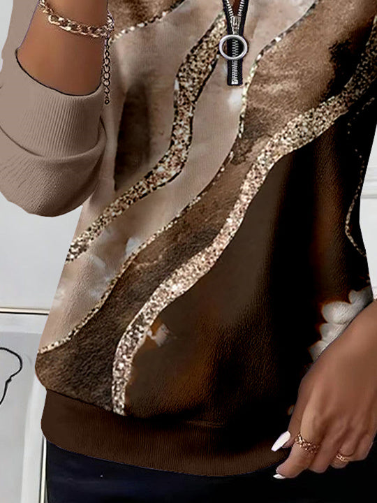 Women Long Sleeve Scoop Neck Striped Colorblock Printed Graphic Zipper Tops