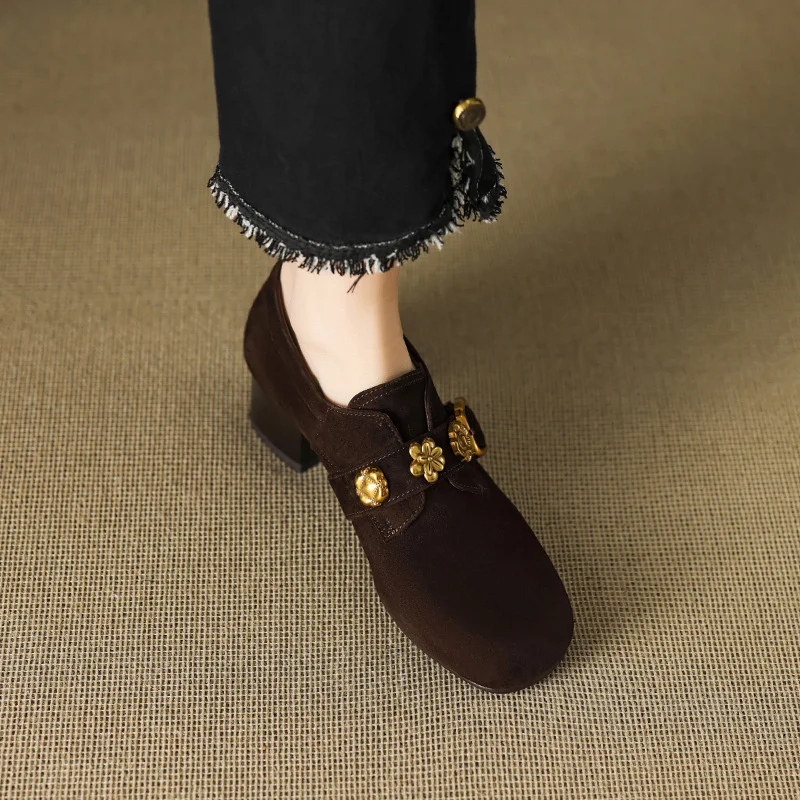 Breakj Breakj Look! Scrub Retro Gold Buckle Coarse Heel Lefu Single Shoes Women Heel Grandmother Shoes