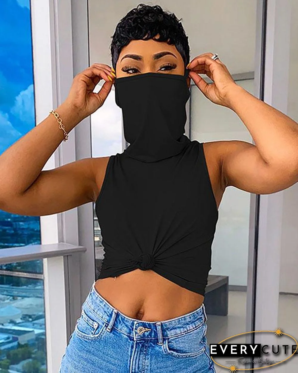 Solid Color Sleeveless Casual Shirt Top With Bandana