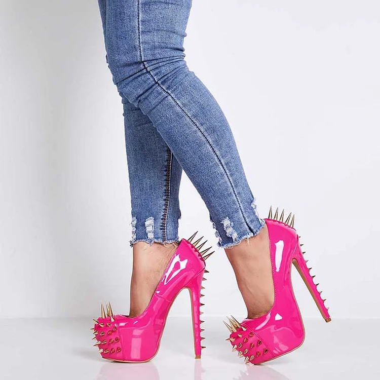 Hot Pink Rivets High Heels Round Toe Patent Shoes Evening Pumps |FSJ Shoes