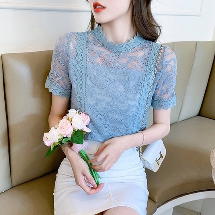 White Lace Shirt Women's Short Sleeve Top Korean O Neck Blouse Summer Fashion Loose Hollow Out Floral Chiffon Shirt Blusas 15211