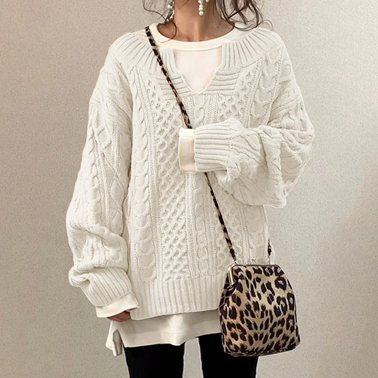 VChics Small V-Neck Linen Pattern Casual Knitting Sweater