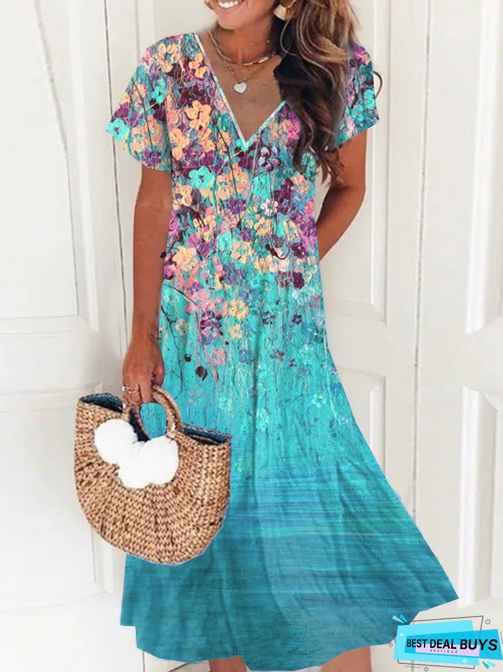 Women's Vacation Casual V Neck Floral Short Sleeve Midi Dress