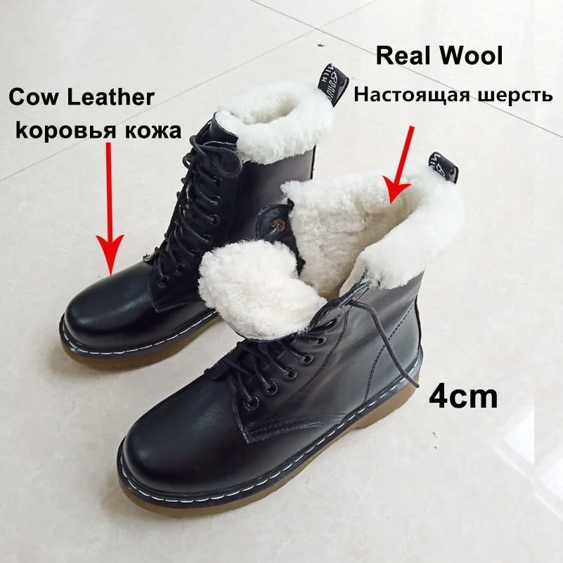 Meotina Natural Wool Fur Platform Mid Heel Motorcycle Boots Women Shoes Real Leather Short Boots Lace Up Block Heels Ankle Boot