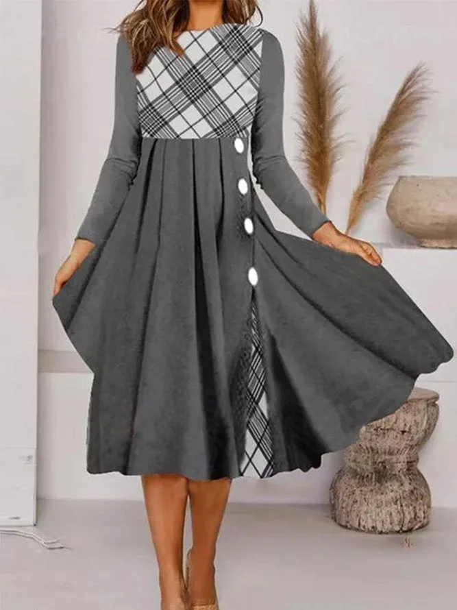 Women Gray Long Sleeve Scoop Neck Printed Midi Dress