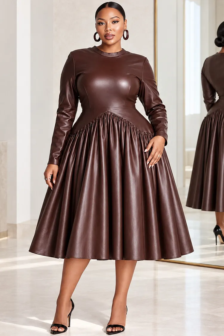 Xpluswear Design Plus Size Cocktail Party Brown Round Neck Long Sleeve Fold PU Leather Midi Dresses [Pre-Order] 2024 - Xpluswear