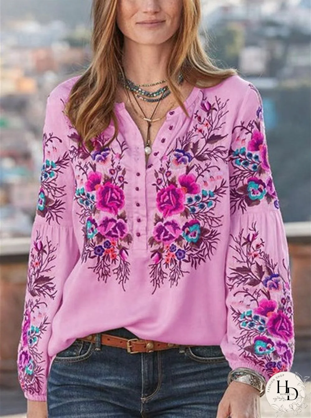 V-Neck Button Women Flower Printed Autumn Top