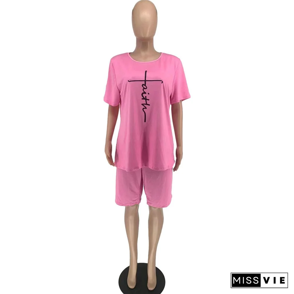 Letter Short Sleeve T Shirts and Shorts 2 Piece Outfits